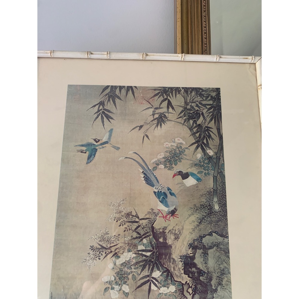 Vintage Chinoiserie Bird Bamboo Print White Faux Bamboo Frame Hollywood Regency - Picture 5 of 12